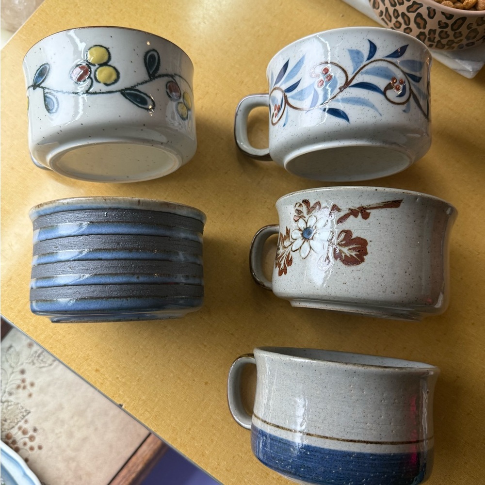 Otagiri Floral and Striped Mugs - Blue, Brown, Cream